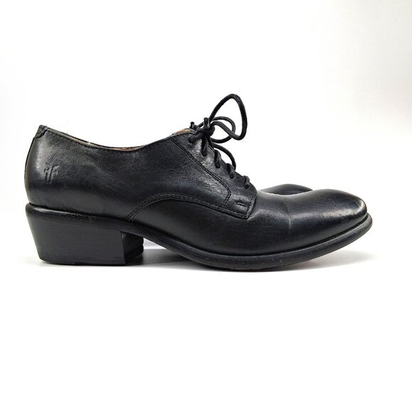 Frye Carson Oxford Black Leather Lace Up Low Stacked Heel Almond Toe SZ 7 - Picture 7 of 12